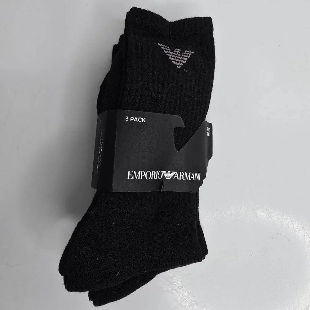 Emporio Armani Mens Black Crew Socks Everyday Sports Cotton Trainer 3 Pair Pack